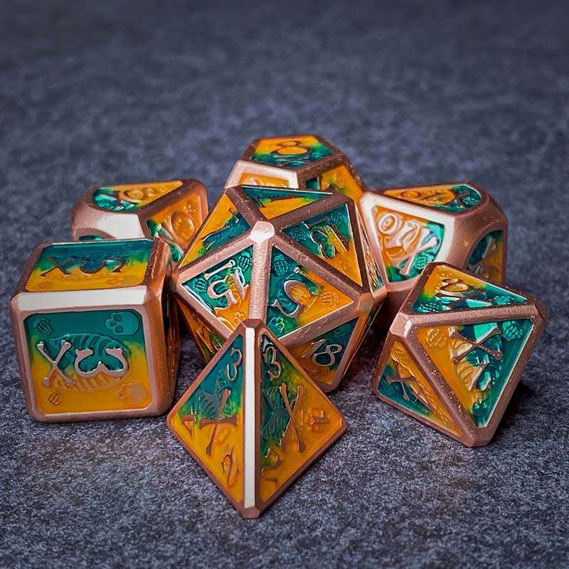 Sage's Grim's Fortunes - Bronze Peach/Green Skull-Bones Metal Polyhedral Dice Set image 12