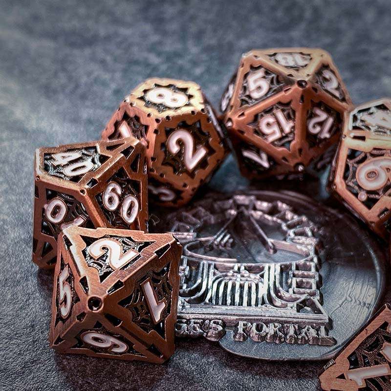 Sage's Gnomish Trinkets - Hollow Copper Spider Trinket White Ink Metal Polyhedral Dice Set image 11