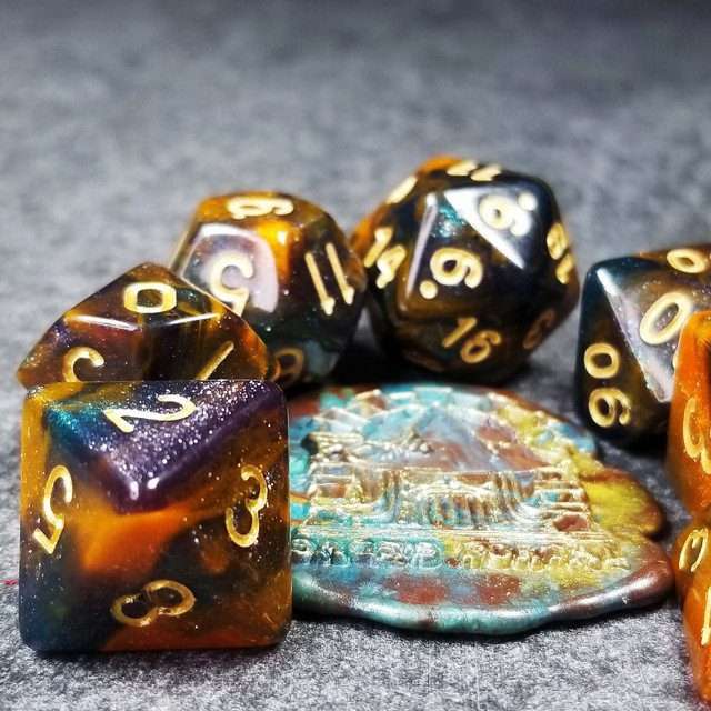 Sage's Shards - Caramel/Turquoise/Purple/Blue Glitter Acrylic Polyhedral Dice Set image 0