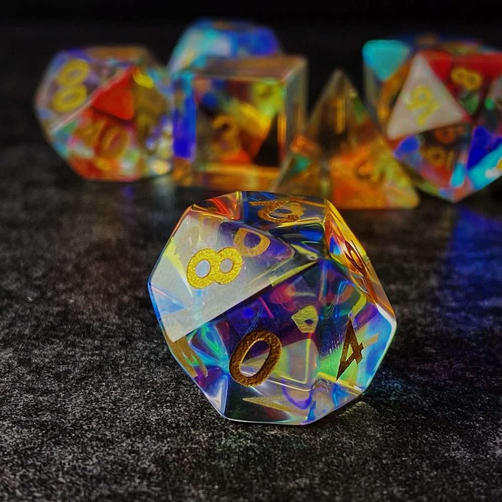 Sage's Treasures - Captured Rainbow Gold Ink Dichroic Glass Polyhedral Dice Set image 4