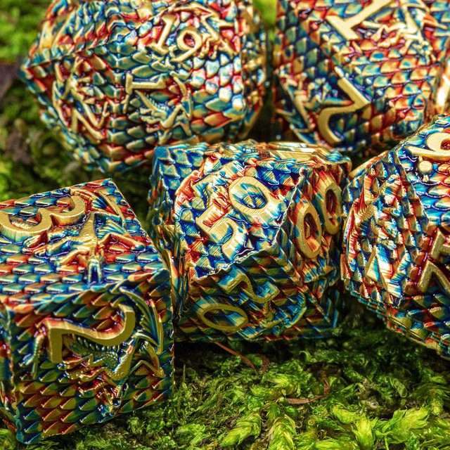 Sage's Dragonscales Green/Red/Gold Metal Polyhedral Dice Set image 9