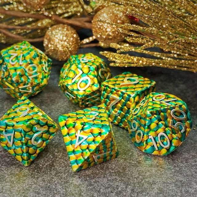 Sage's Dragonstones - Scaled Eggs Green/Yellow Metal Polyhedral Dice image 8