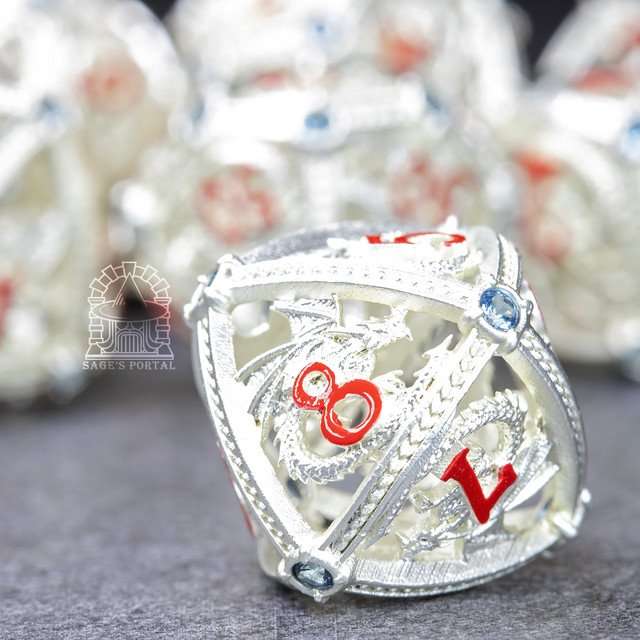 Sage’s Dragon Orb Silver Blue Diamond Hollow Metal Polyhedral Dice Set image 4