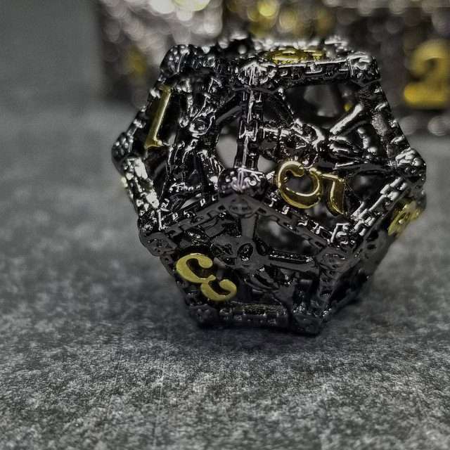 Chained Death Black/Gold Hollow Metal Polyhedral Dice Set image 2