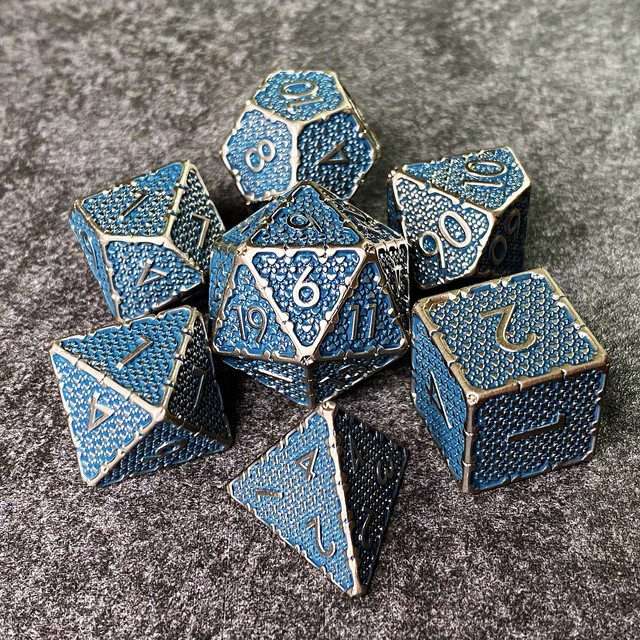 Sage's Hounds - Vintage Blue with Nickel Silver Metal Polyhedral Dice Set image 15