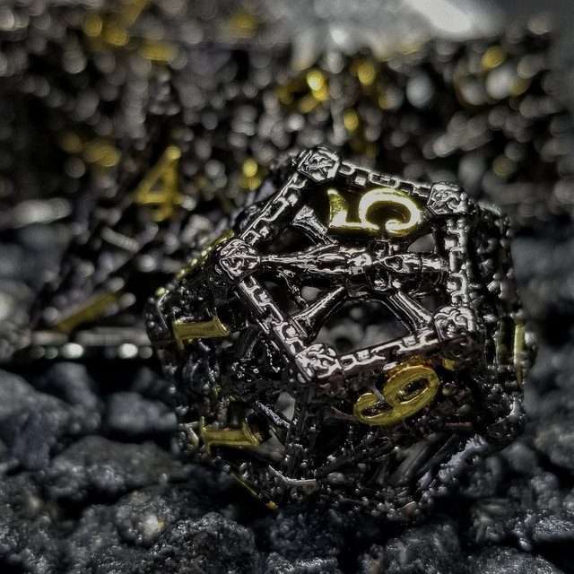 Chained Death Black/Gold Hollow Metal Polyhedral Dice Set image 8