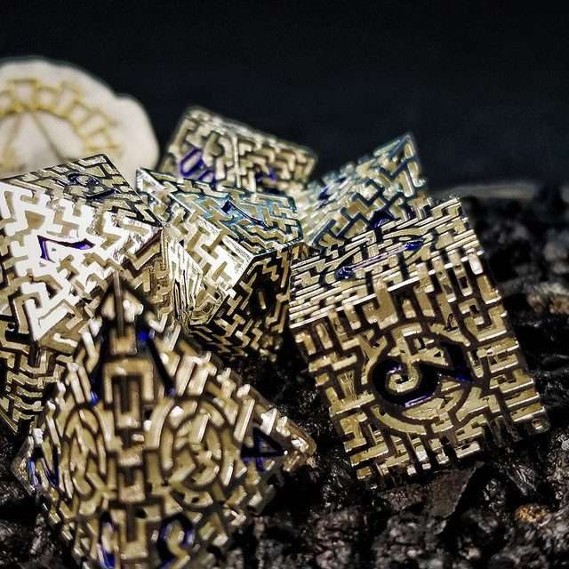 Sage's Labyrinths - Silver Weave Blue Ink Hollow Metal Polyhedral Dice Set image 19