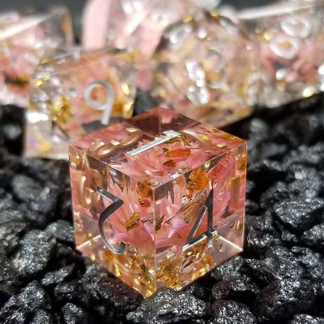 Sage’s Enchanted Flower Pink Sharp Edge Resin Polyhedral Dice Set image 16