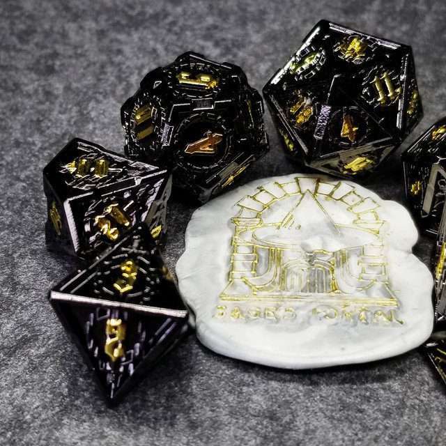 Sage's Knight's Valor - Black Inlay Gold Ink Metal Polyhedral Dice Set image 8