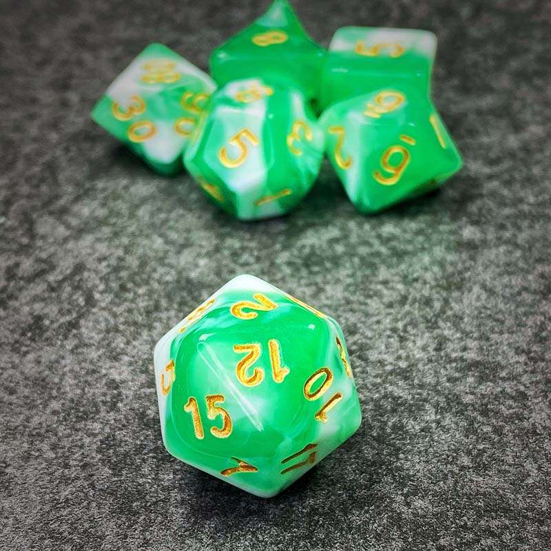 Sage's Stones - Green/White Gold Ink Acrylic Polyhedral Dice Set image 2