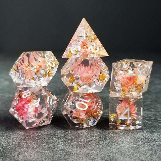 Sage’s Enchanted Flower Pink Sharp Edge Resin Polyhedral Dice Set image 1