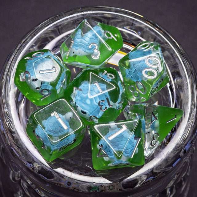 Sage's Familiars- Blue Baby Turtle Familiar Resin Polyhedral Dice Set image 3