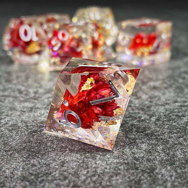 Sage’s Enchanted Flower Red/Silver Ink Sharp Edge Resin Polyhedral Dice Set image 6