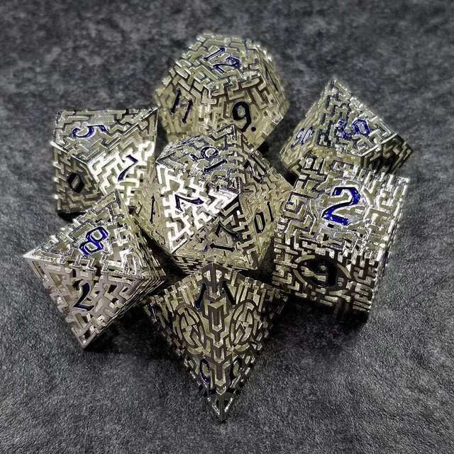 Sage's Labyrinths - Silver Weave Blue Ink Hollow Metal Polyhedral Dice Set image 30