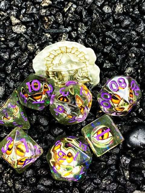 Sage's Bottled Yellow/Green Dragon Eyes Resin Polyhedral Dice Set image 1