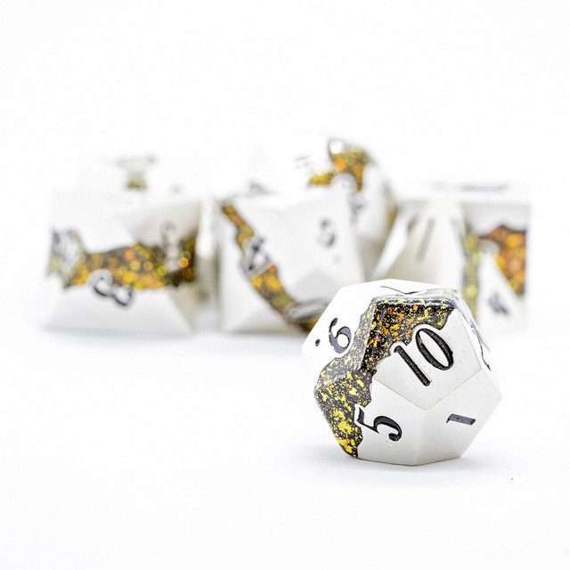 Sage's Rift Stones - Pearl Silver/Chartreuse Metal Polyhedral Dice Set image 3