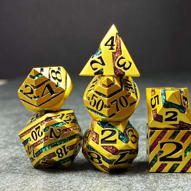 Sage's Dimension Stones - Gold Purple/Green Glitter Stripes Metal Polyhedral Dice Set image 1