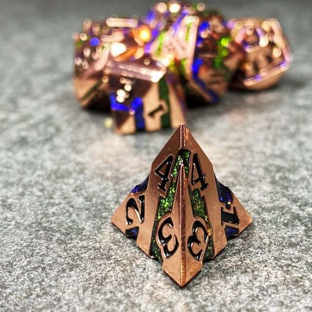 Sage's Dimension Stones - Copper Blue/Green Glitter Stripes Metal Polyhedral Dice Set image 5