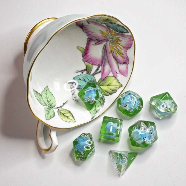 Sage's Familiars- Blue Baby Turtle Familiar Resin Polyhedral Dice Set image 2