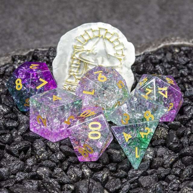 Sage's Kaleidoscopes Purple/Green Cracked Glass Gloss Finish Polyhedral Dice Set image 0