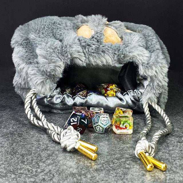 Sage's Furry Kittypaw Bag - Grey Fur/Brown Paw Dice Bag image 2