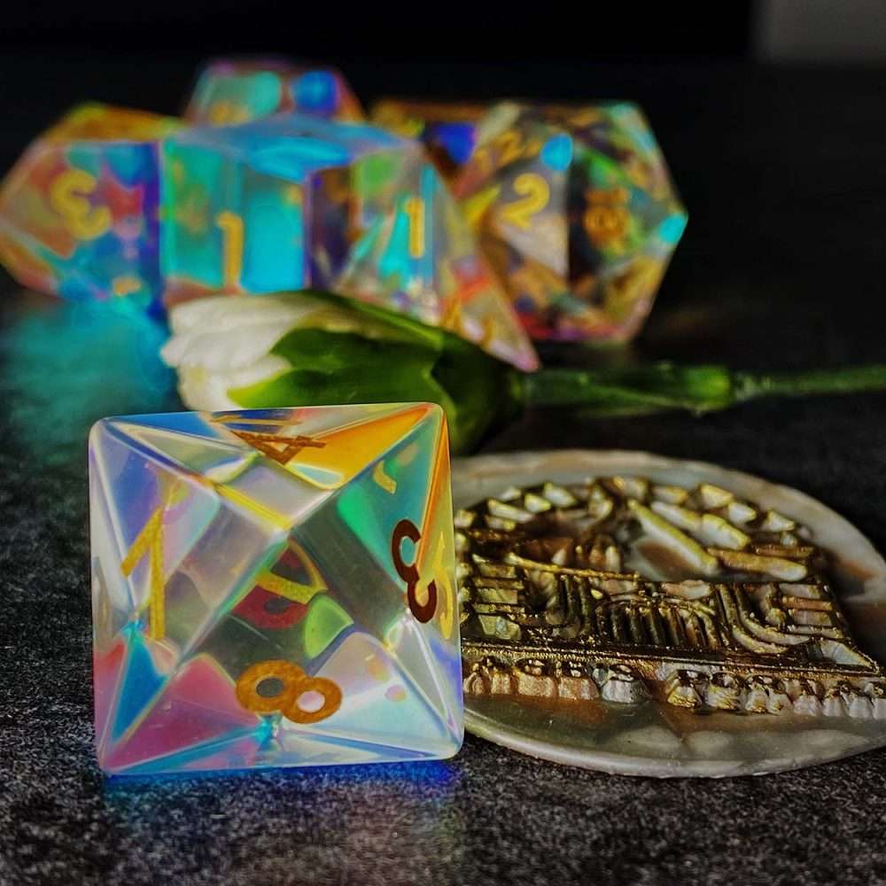 Sage's Treasures - Captured Rainbow Gold Ink Dichroic Glass Polyhedral Dice Set image 0