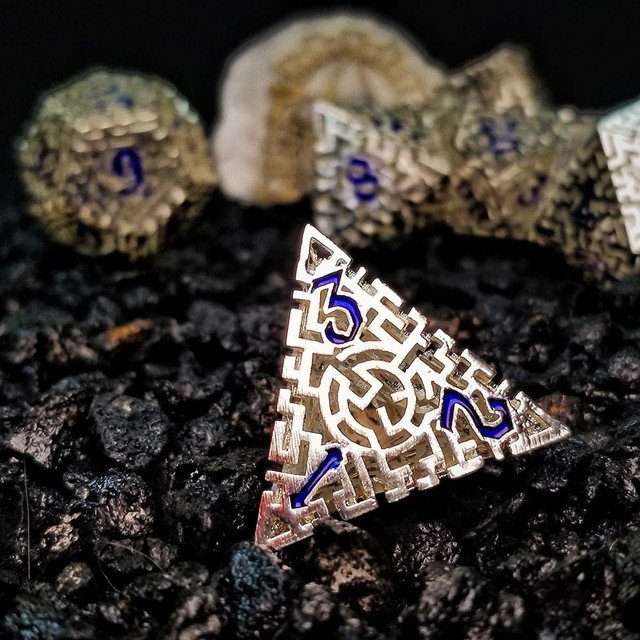Sage's Labyrinths - Silver Weave Blue Ink Hollow Metal Polyhedral Dice Set image 3