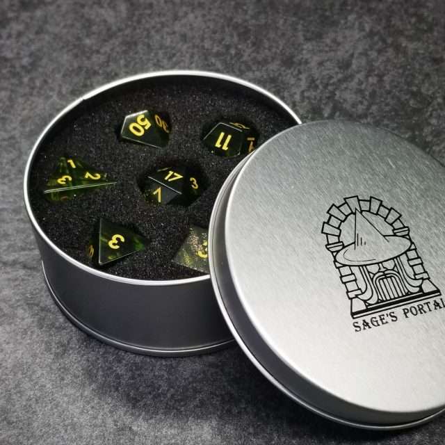 Sage's Treasures- Green Glass Layered Gold Glitter Gemstone Polyhedral Dice Set image 11