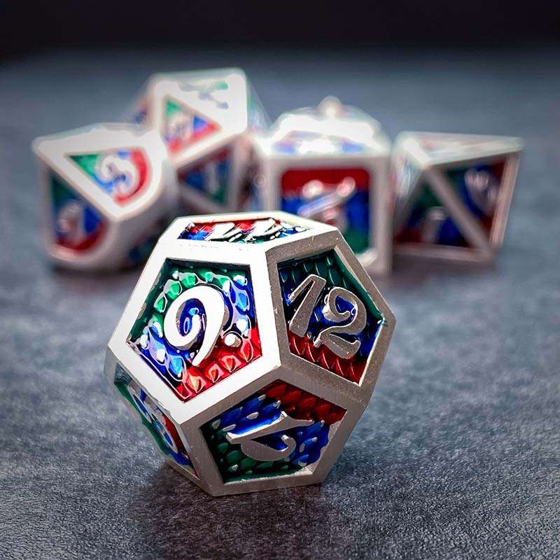 Sage's Dragonstones - Pearl Silver Chromatic Scales Metal Polyhedral Dice Set image 3