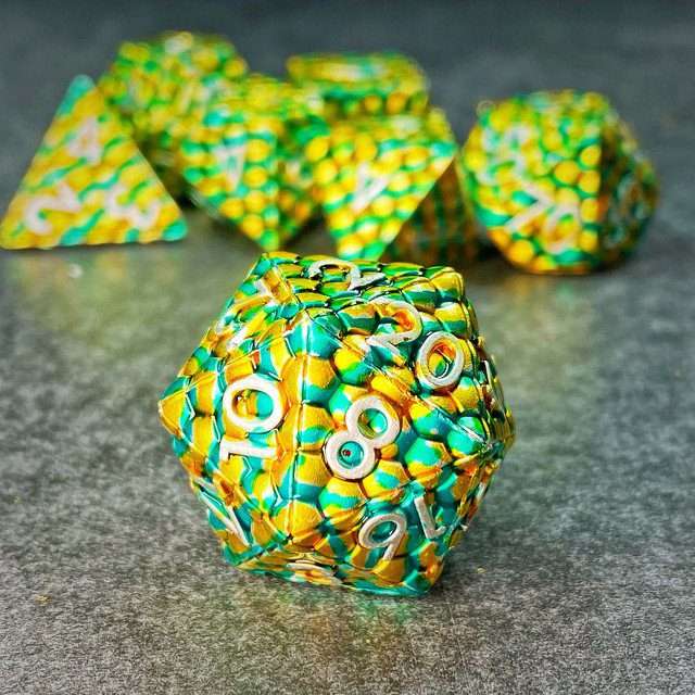 Sage's Dragonstones - Scaled Eggs Green/Yellow Metal Polyhedral Dice image 7