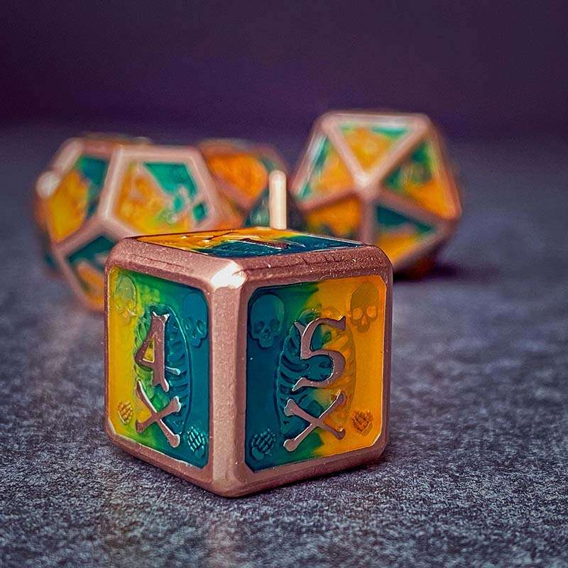 Sage's Grim's Fortunes - Bronze Peach/Green Skull-Bones Metal Polyhedral Dice Set image 7
