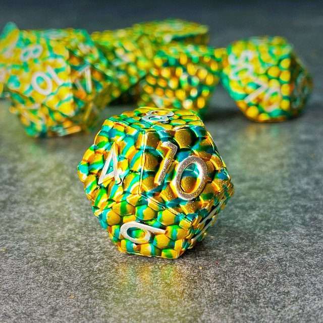 Sage's Dragonstones - Scaled Eggs Green/Yellow Metal Polyhedral Dice image 6