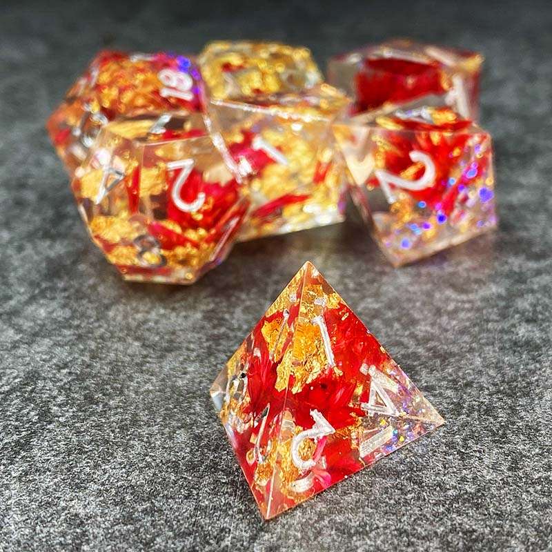 Sage’s Enchanted Flower Red/Silver Ink Sharp Edge Resin Polyhedral Dice Set image 17