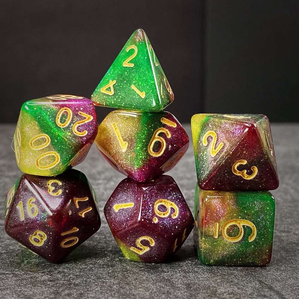 Sage's Shards - Green/Lime/Purple and Gold Ink Glitter Polyhedral Dice Set image 3