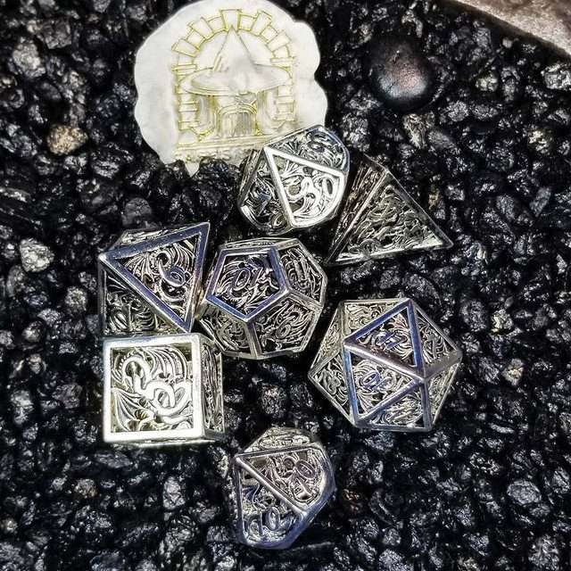 Sage's Dragonstones - Elder Dragon True Silver Hollow Metal Polyhedral Dice Set image 0