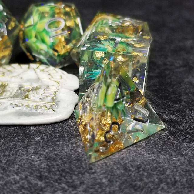 Sage’s Enchanted Flower Cyan Sharp Edge Resin Polyhedral Dice Set image 36