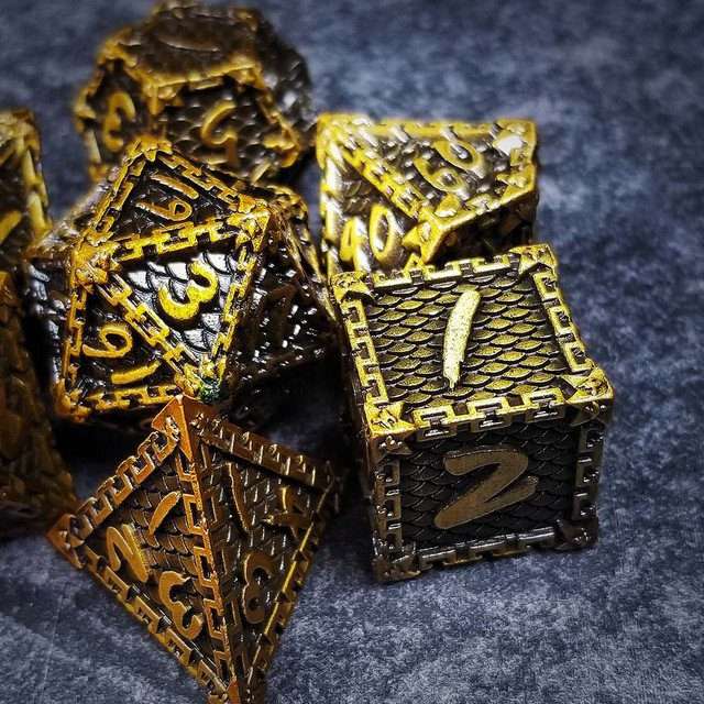 Sage's Dragonstones - Chained Drake Gold Black Metal Polyhedral Dice Set image 8