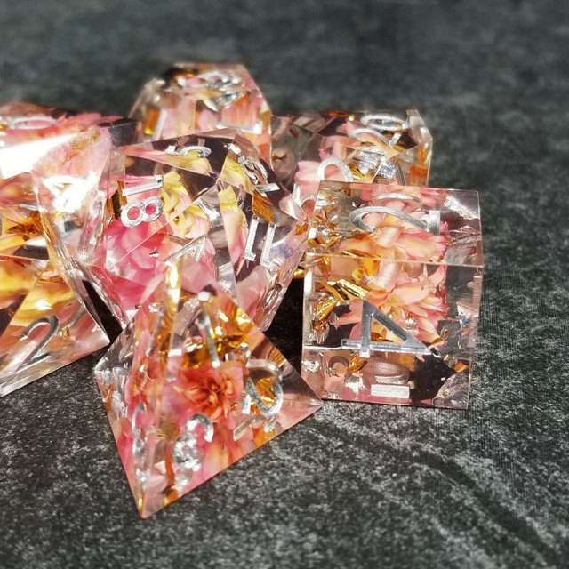 Sage’s Enchanted Flower Pink Sharp Edge Resin Polyhedral Dice Set image 3