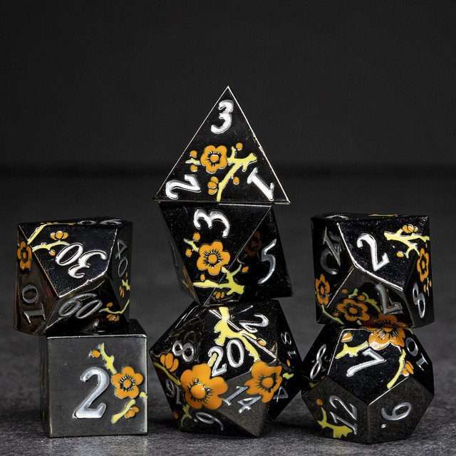 Sage's Petrified Flowers Black Orange/Yellow Flowers Metal Polyhedral Dice Set image 9