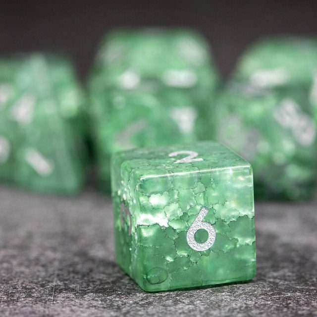 Sage's Kaleidoscopes Green/Mica Cracked Glass Frosted Finish Polyhedral Dice Set image 6