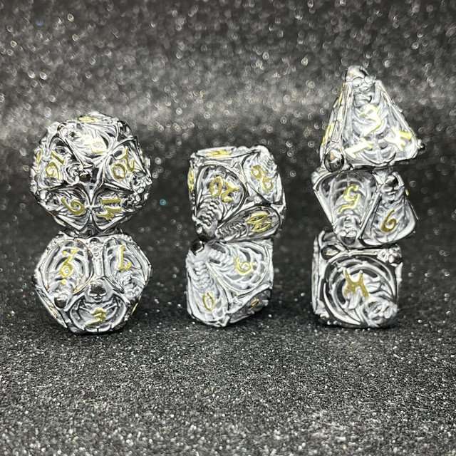 Sage's Macabre Bone Trinket Chalk White Inlay Black/Gold Hollow Metal Polyhedral Dice Set image 3