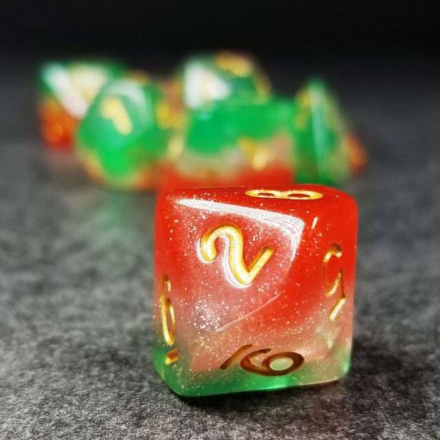 Sage’s Cantrips - Red/White/Green Watermelon Resin Polyhedral Dice Set image 5