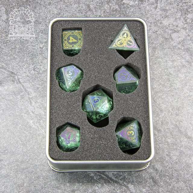 Sage's Glyphed Green Cracked Glass Frosted Finish Polyhedral Dice Set image 9