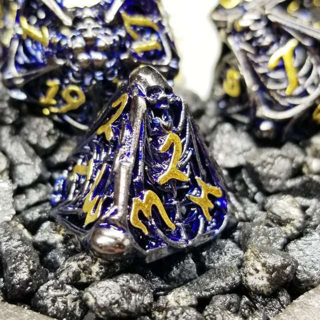 Sage's Macabre Bone Trinket Midnight Blue Inlay Black/Gold Ink Hollow Metal Polyhedral Dice Set image 6