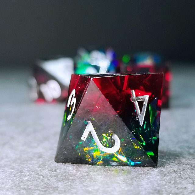Sage's Enchanted Crystals Red/Green Holo Foil Silver Ink Sharp Edge Resin Polyhedral Dice Set image 7