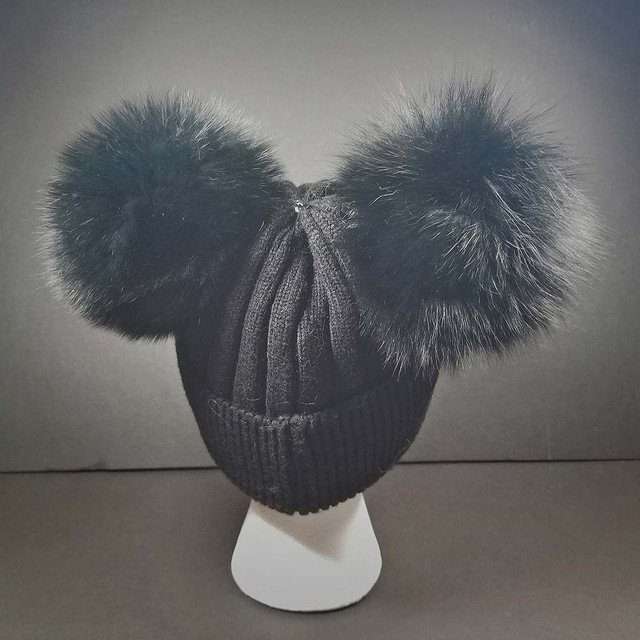 Sage’s Cap – Black Wool Beanie with Double Raccoon Pompom image 6