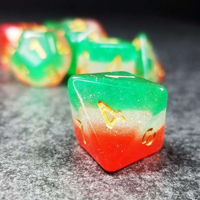 Sage’s Cantrips - Red/White/Green Watermelon Resin Polyhedral Dice Set image 4