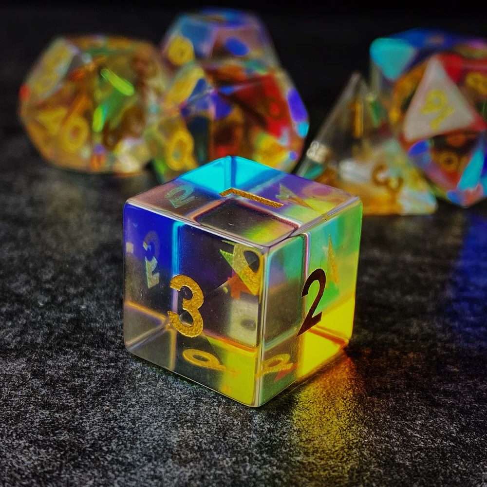 Sage's Treasures - Captured Rainbow Gold Ink Dichroic Glass Polyhedral Dice Set image 7