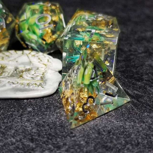 Sage’s Enchanted Flower Cyan Sharp Edge Resin Polyhedral Dice Set image 35