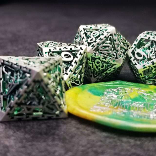 Sage's Dragonstones - Chained Noble Dragon Green Hollow Metal Polyhedral Dice Set image 9